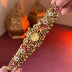 kashmiri ethnic gold plated jewelry style watch with stone work