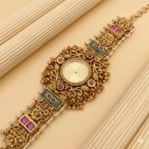 kashmiri floral bridal watch – pearl chain royal design free size (adjustable)