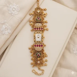 kashmiri rectangular bridal watch – maroon green royal design free size (adjustable)