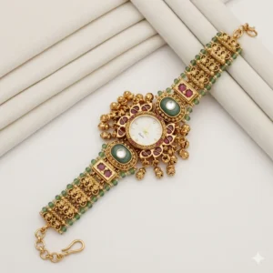 green beads kashmiri bridal watch – floral royal design free size (adjustable)