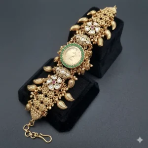 kashmiri heavy bridal watch – green stone royal design free size (adjustable)