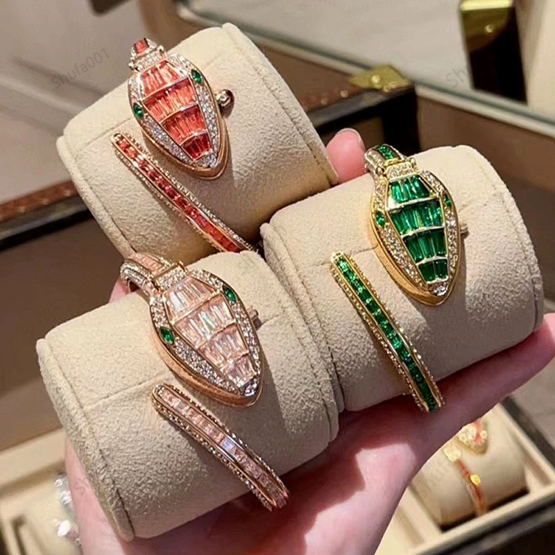 luxury pink crystal serpentine watch & bracelet set for women luxury pink crystal serpentine watch & bracelet set for women