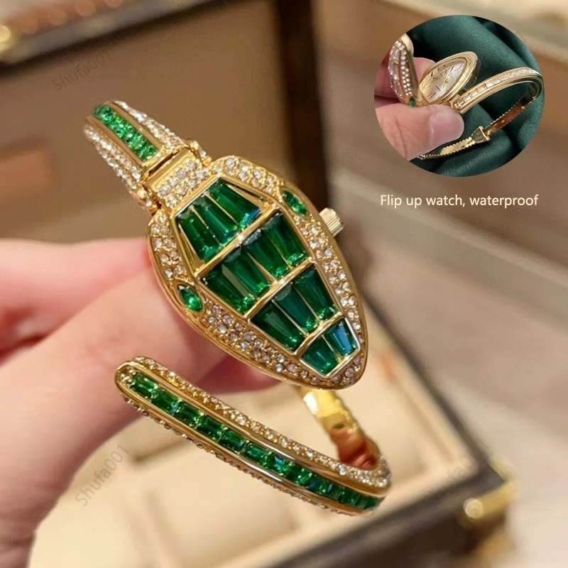 luxury emerald serpentine crystal watch & bracelet set for women luxury emerald serpentine crystal watch & bracelet set for women