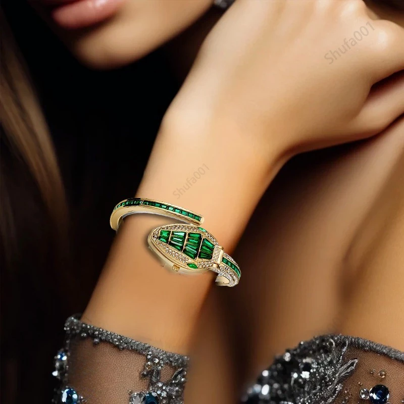 luxury emerald serpentine crystal watch & bracelet set for women luxury emerald serpentine crystal watch & bracelet set for women