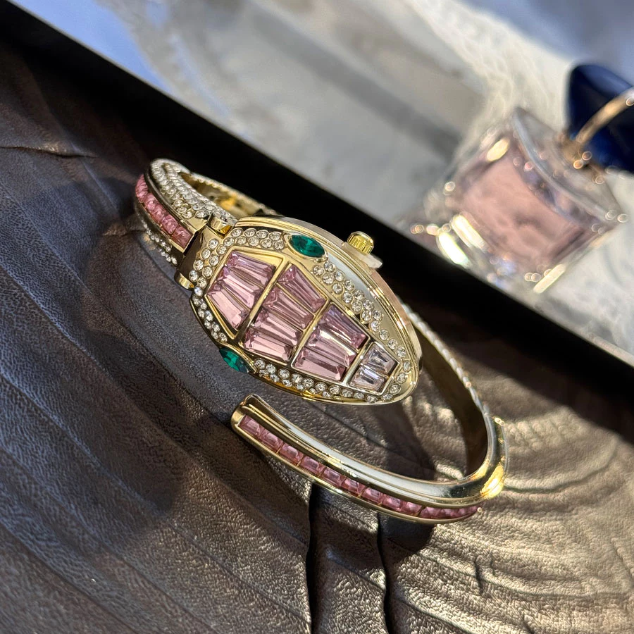 luxury pink crystal serpentine watch & bracelet set for women luxury pink crystal serpentine watch & bracelet set for women