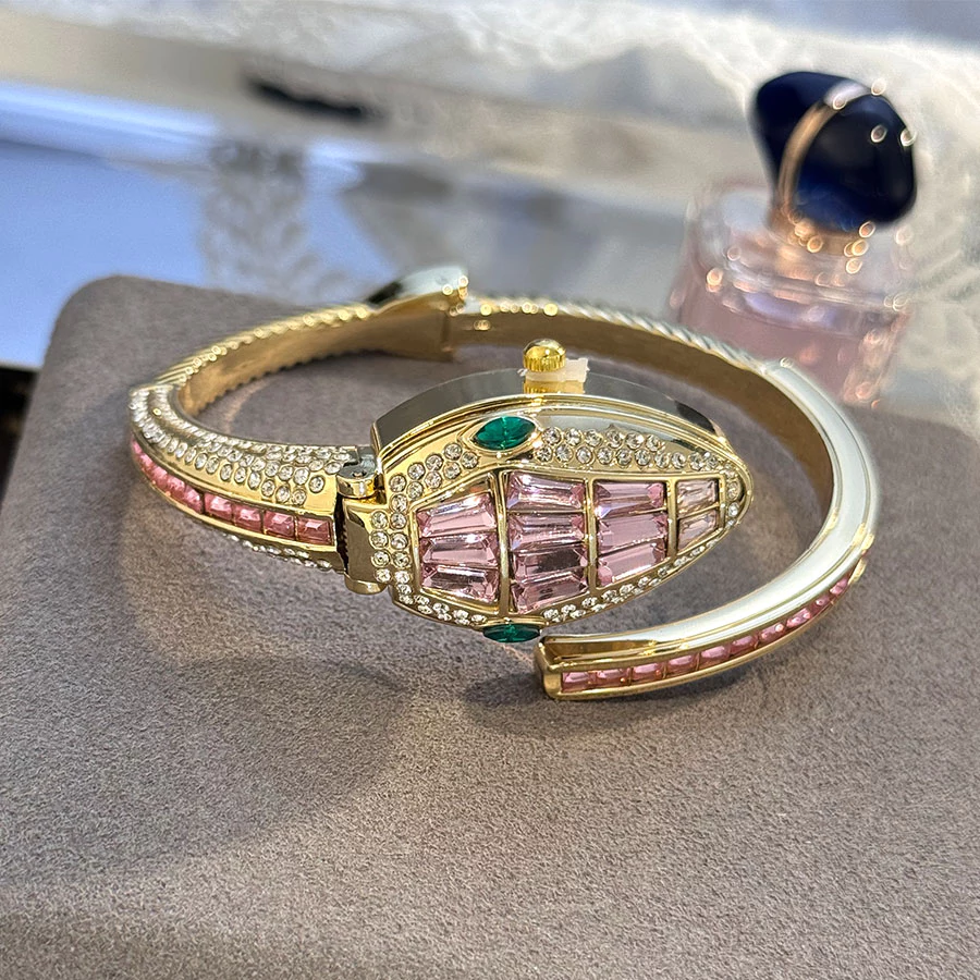 luxury pink crystal serpentine watch & bracelet set for women luxury pink crystal serpentine watch & bracelet set for women